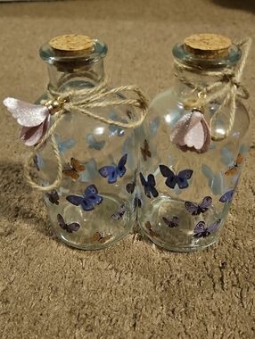 Glass Butterfly Cork Bottles with Twine and Pink Flower Charms